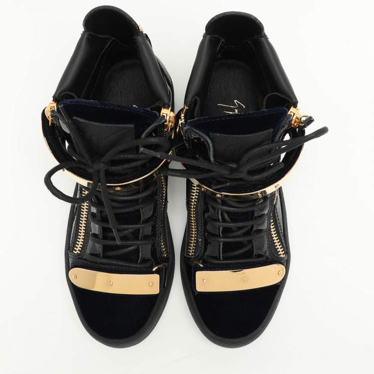 Pre Owned Giuseppe Zanotti Blue/Black Velvet and Leather Coby High Top Sneakers Size 38