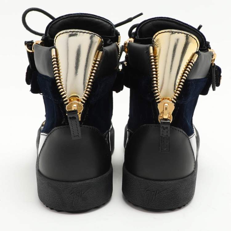 Pre Owned Giuseppe Zanotti Blue/Black Velvet and Leather Coby High Top Sneakers Size 38