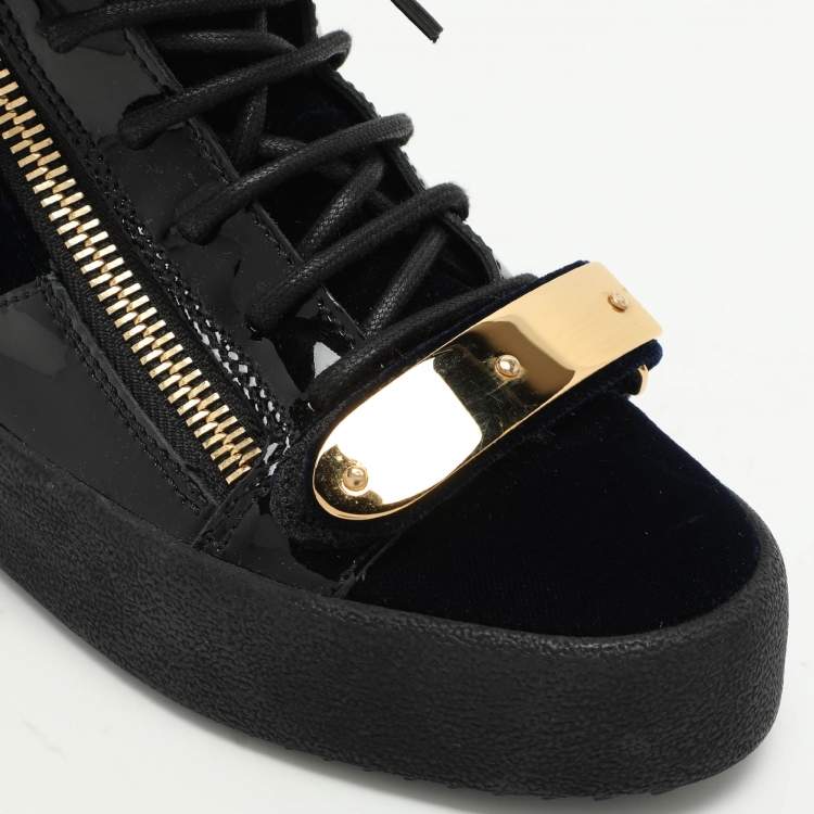 Pre Owned Giuseppe Zanotti Blue/Black Velvet and Leather Coby High Top Sneakers Size 38
