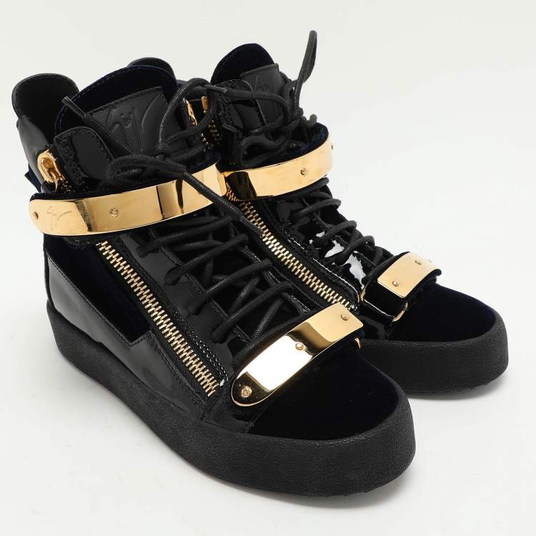 Pre Owned Giuseppe Zanotti Blue/Black Velvet and Leather Coby High Top Sneakers Size 38