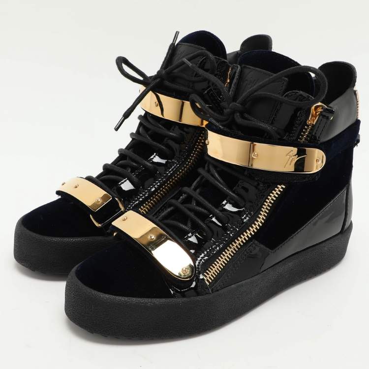 Pre Owned Giuseppe Zanotti Blue/Black Velvet and Leather Coby High Top Sneakers Size 38