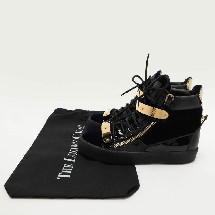 Pre Owned Giuseppe Zanotti Blue/Black Velvet and Leather Coby High Top Sneakers Size 38