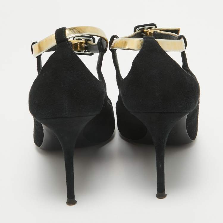 Pre Owned Giuseppe Zanotti Black Leather and Suede Ankle Strap Pumps Size 37