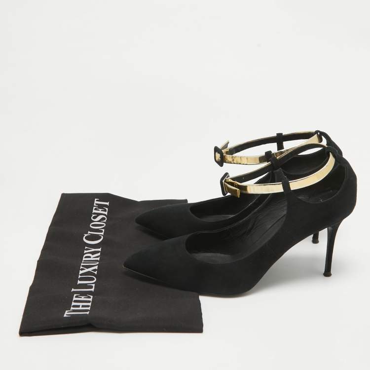 Pre Owned Giuseppe Zanotti Black Leather and Suede Ankle Strap Pumps Size 37