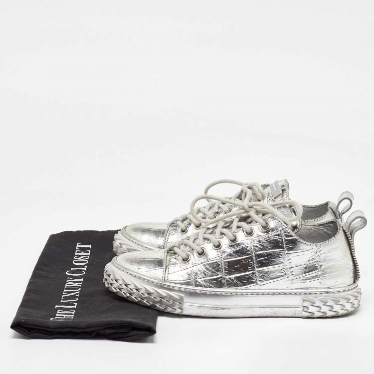 Pre Owned Giuseppe Zanotti Silver Croc Embossed Leather Blabber Low Top Sneakers Size 38