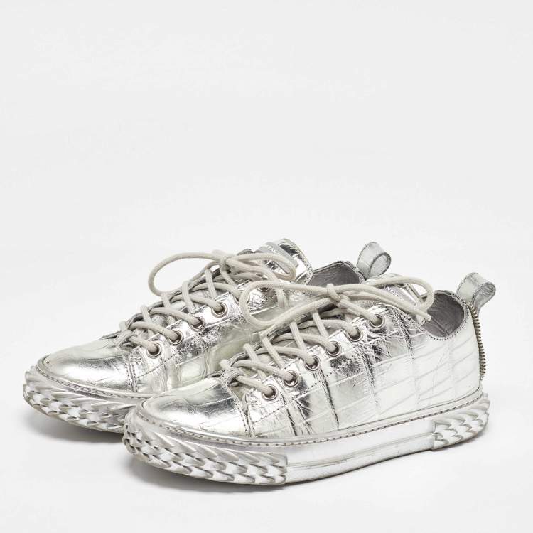 Pre Owned Giuseppe Zanotti Silver Croc Embossed Leather Blabber Low Top Sneakers Size 38