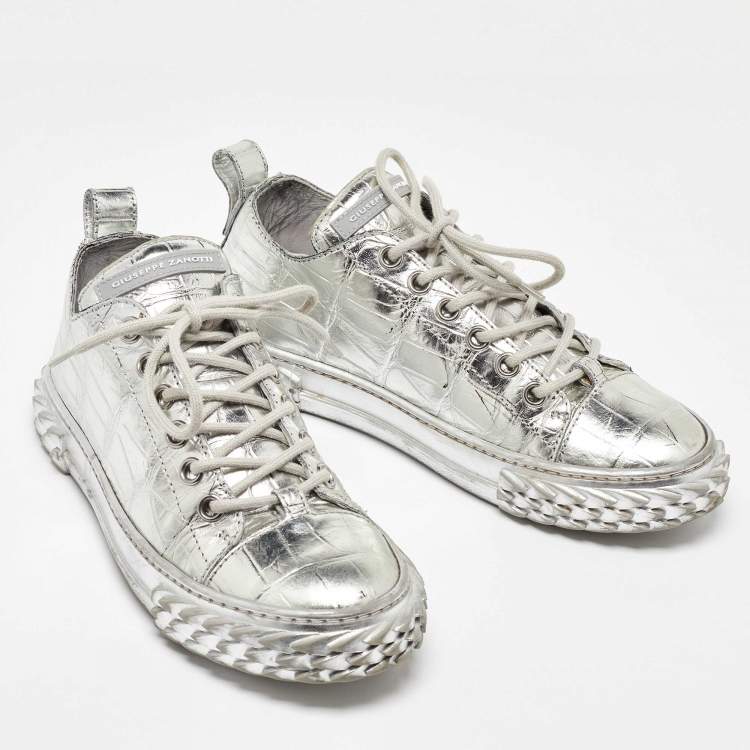 Pre Owned Giuseppe Zanotti Silver Croc Embossed Leather Blabber Low Top Sneakers Size 38