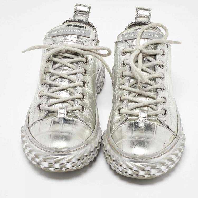 Pre Owned Giuseppe Zanotti Silver Croc Embossed Leather Blabber Low Top Sneakers Size 38