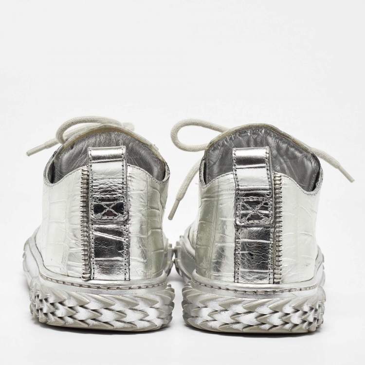 Pre Owned Giuseppe Zanotti Silver Croc Embossed Leather Blabber Low Top Sneakers Size 38
