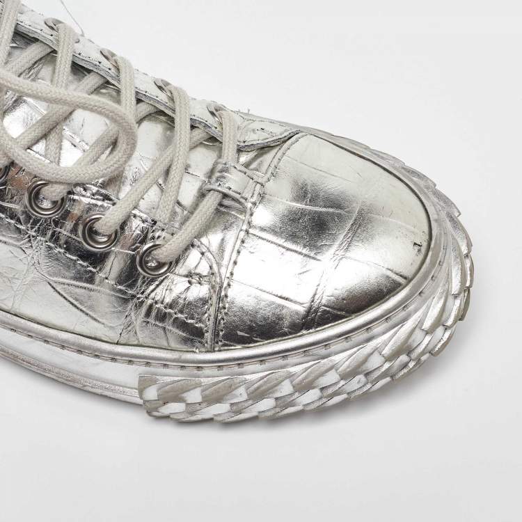 Pre Owned Giuseppe Zanotti Silver Croc Embossed Leather Blabber Low Top Sneakers Size 38