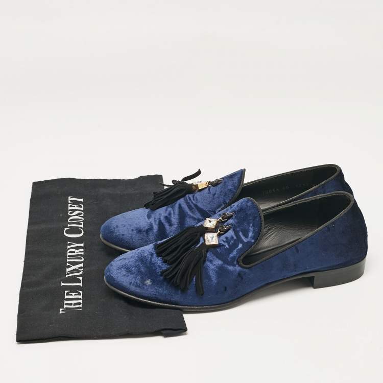 Pre Owned Giuseppe Zanotti Blue Velvet Embellished Tassels Smoking Slippers Size 40
