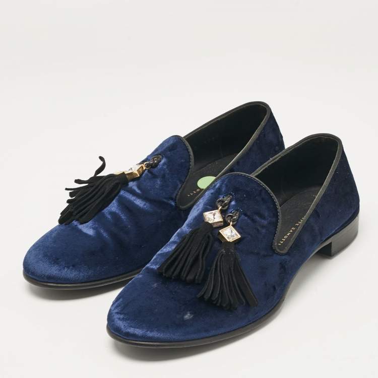 Pre Owned Giuseppe Zanotti Blue Velvet Embellished Tassels Smoking Slippers Size 40