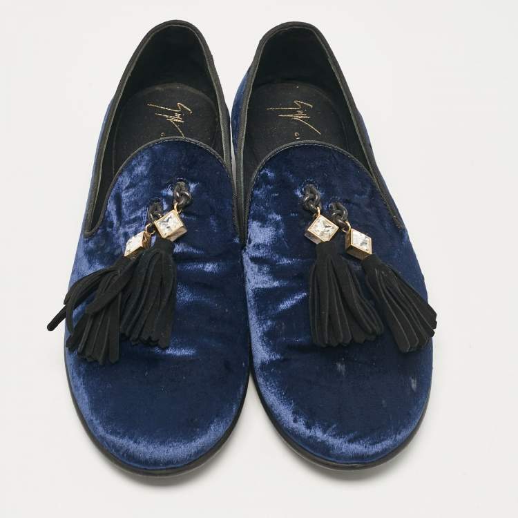 Pre Owned Giuseppe Zanotti Blue Velvet Embellished Tassels Smoking Slippers Size 40