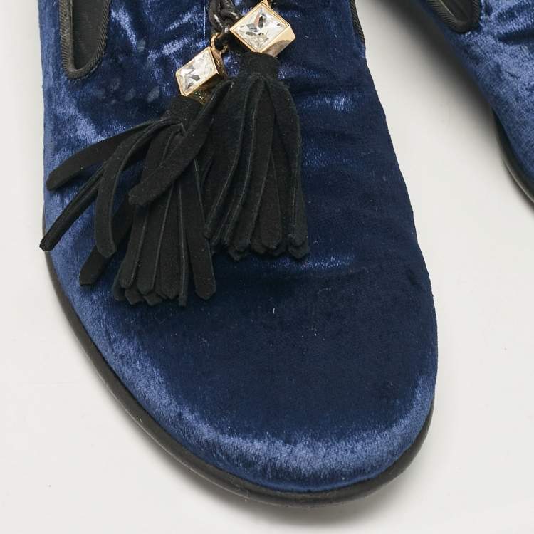 Pre Owned Giuseppe Zanotti Blue Velvet Embellished Tassels Smoking Slippers Size 40