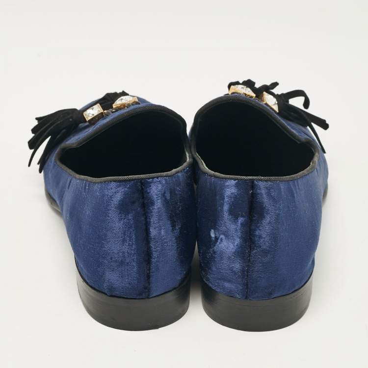 Pre Owned Giuseppe Zanotti Blue Velvet Embellished Tassels Smoking Slippers Size 40