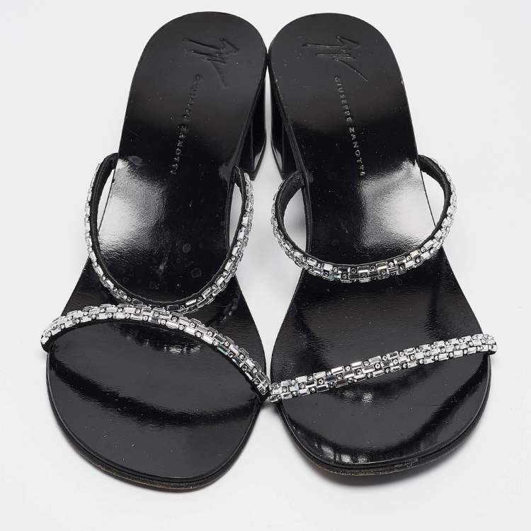 Pre Owned Giuseppe Zanotti Black Crystal Embellished Suede Slide Sandals Size 38.5