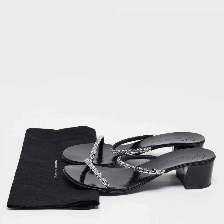 Pre Owned Giuseppe Zanotti Black Crystal Embellished Suede Slide Sandals Size 38.5
