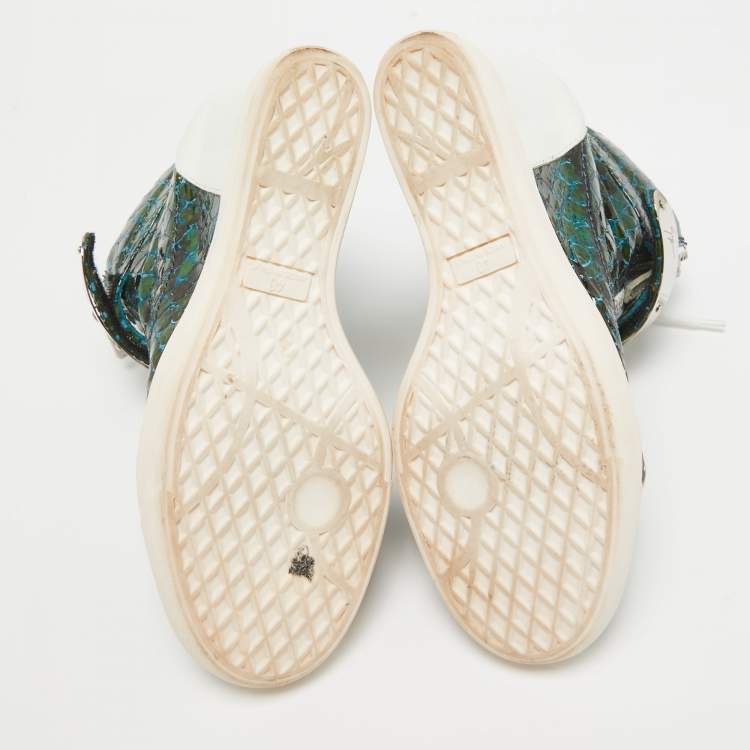 Pre Owned Giuseppe Zanotti Green/White Python Embossed Patent Leather and Suede Coby Wedge Sneakers Size 40