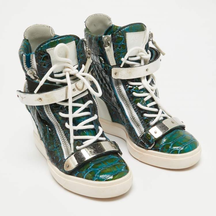 Pre Owned Giuseppe Zanotti Green/White Python Embossed Patent Leather and Suede Coby Wedge Sneakers Size 40