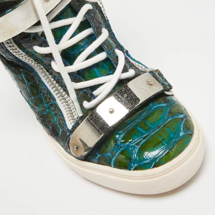 Pre Owned Giuseppe Zanotti Green/White Python Embossed Patent Leather and Suede Coby Wedge Sneakers Size 40
