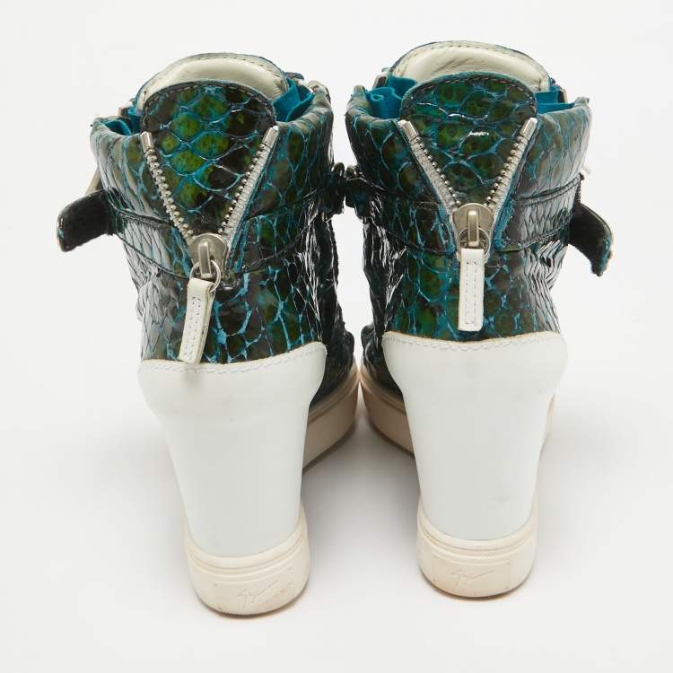 Pre Owned Giuseppe Zanotti Green/White Python Embossed Patent Leather and Suede Coby Wedge Sneakers Size 40