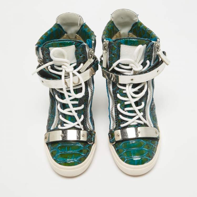 Pre Owned Giuseppe Zanotti Green/White Python Embossed Patent Leather and Suede Coby Wedge Sneakers Size 40