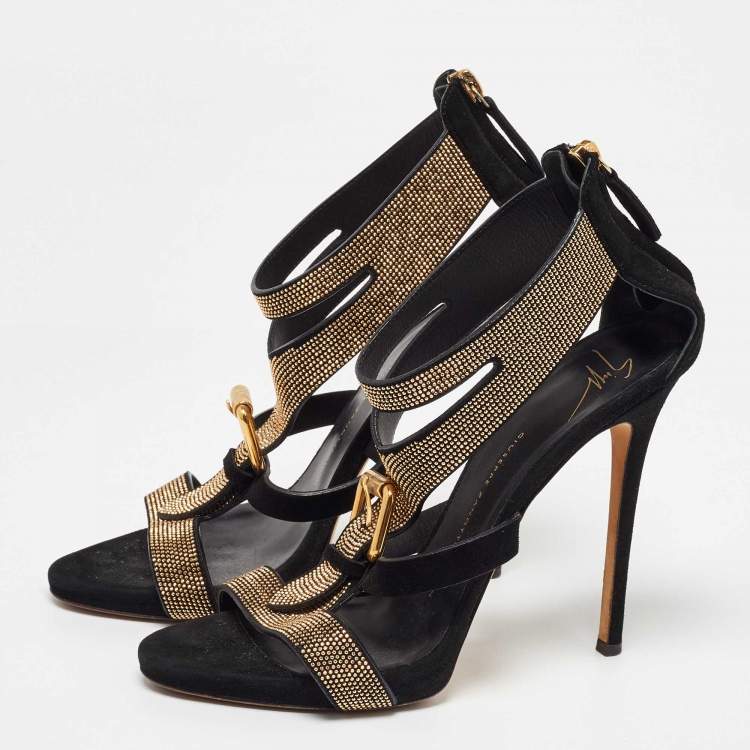 Pre Owned Giuseppe Zanotti Black Suede Studded Ankle Strap Sandals Size 39