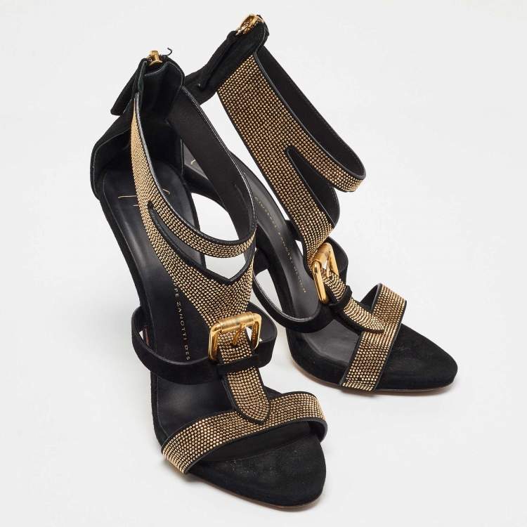 Pre Owned Giuseppe Zanotti Black Suede Studded Ankle Strap Sandals Size 39