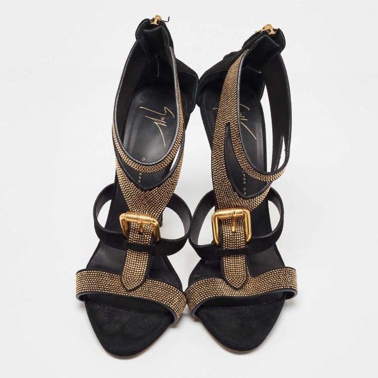 Pre Owned Giuseppe Zanotti Black Suede Studded Ankle Strap Sandals Size 39