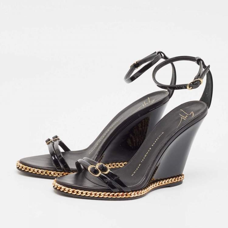 Pre Owned Giuseppe Zanotti Black Patent Leather Wedge Sandals Size 37