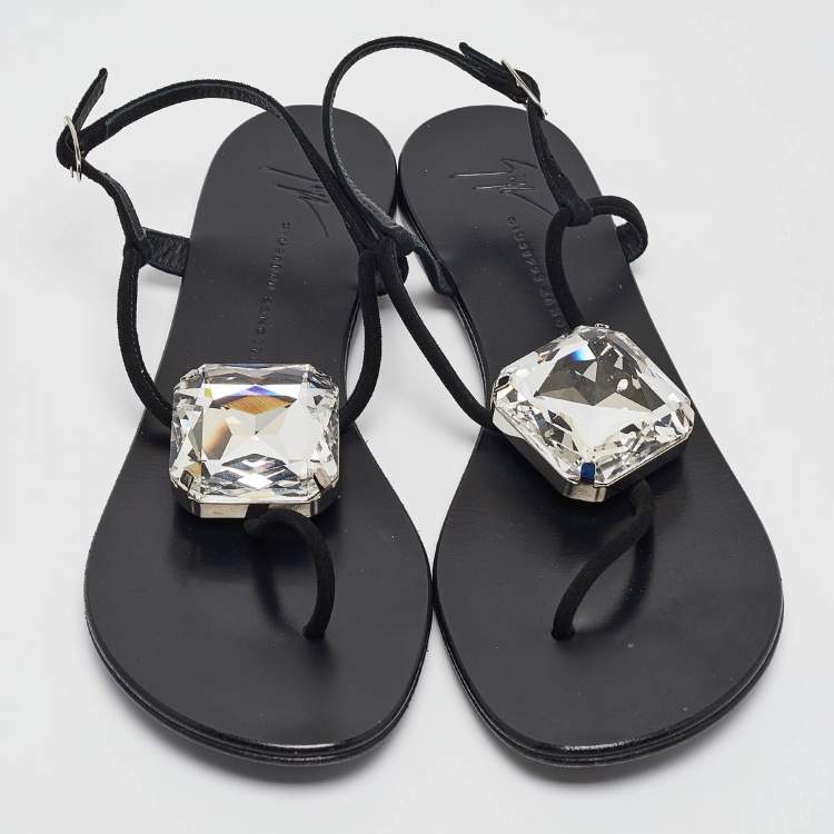 Pre Owned Giuseppe Zanotti Black Suede Crystal Embellished Slingback Sandals Size 38.5