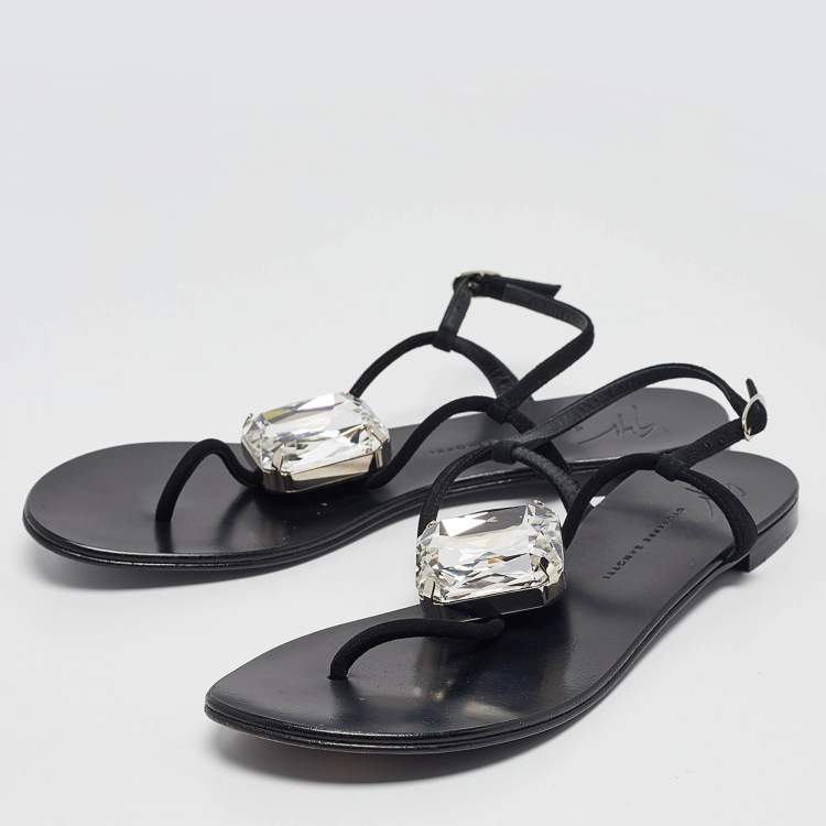 Pre Owned Giuseppe Zanotti Black Suede Crystal Embellished Slingback Sandals Size 38.5