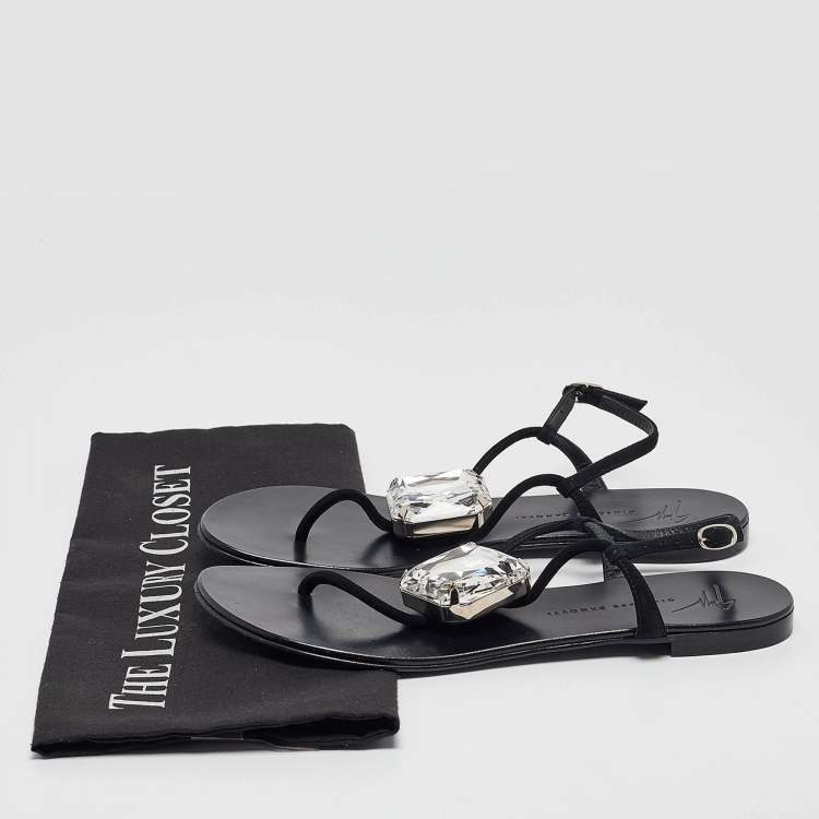 Pre Owned Giuseppe Zanotti Black Suede Crystal Embellished Slingback Sandals Size 38.5
