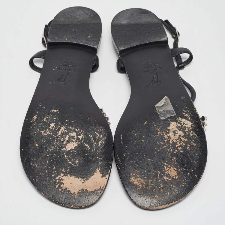 مملوكة مسبقًا Giuseppe Zanotti Black Leather Emmy Lou Flat Sandals Size 38.5