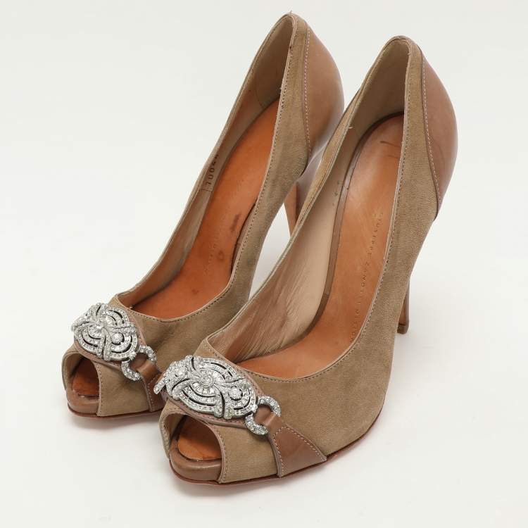 Pre Owned Giuseppe Zanotti Beige Suede/Leather Peep Toe Pumps 40