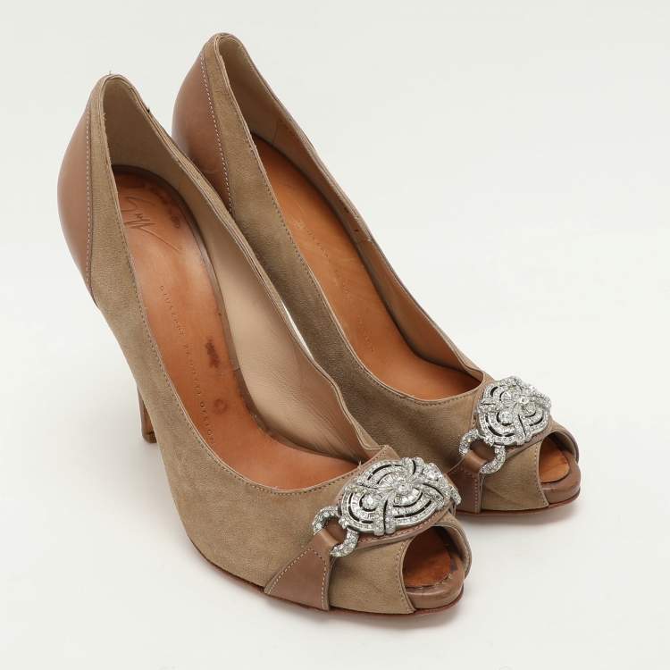 Pre Owned Giuseppe Zanotti Beige Suede/Leather Peep Toe Pumps 40