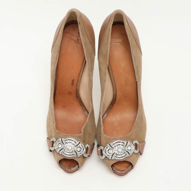 Pre Owned Giuseppe Zanotti Beige Suede/Leather Peep Toe Pumps 40
