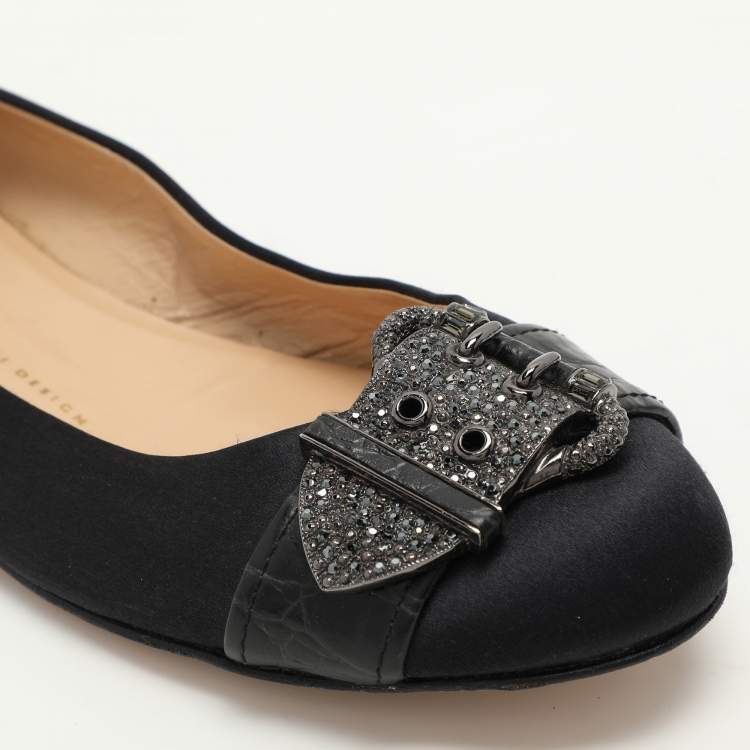 Pre Owned Giuseppe Zanotti Black Satin Embellished Ballet Flats Size 39