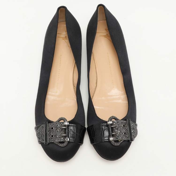 Pre Owned Giuseppe Zanotti Black Satin Embellished Ballet Flats Size 39