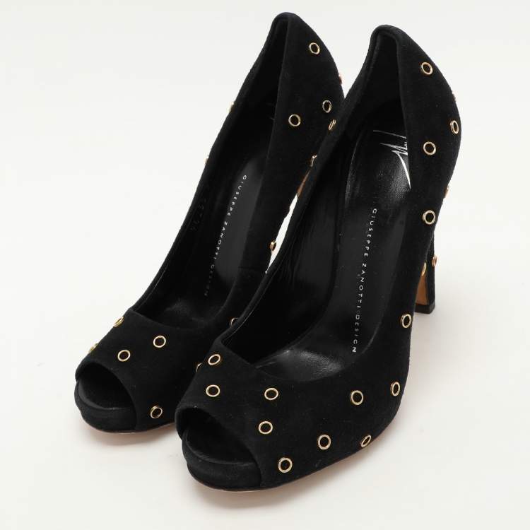Pre Owned Giuseppe Zanotti Black Suede Embellished Peep Toe Pumps Size 37.5