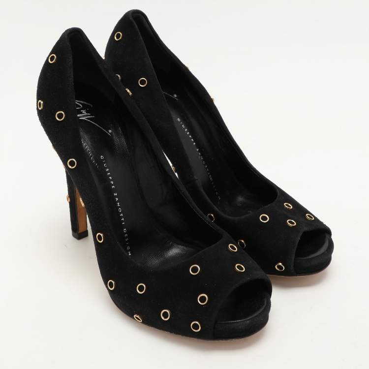 Pre Owned Giuseppe Zanotti Black Suede Embellished Peep Toe Pumps Size 37.5