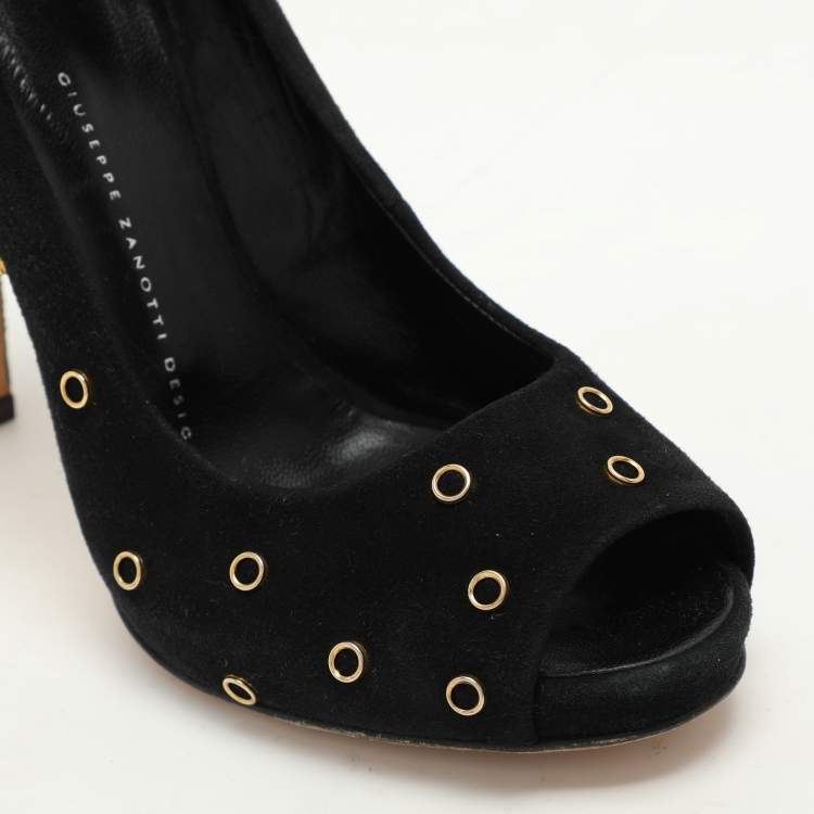 Pre Owned Giuseppe Zanotti Black Suede Embellished Peep Toe Pumps Size 37.5