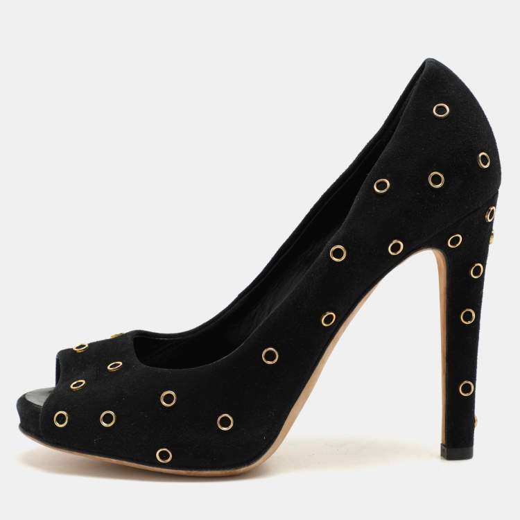Pre Owned Giuseppe Zanotti Black Suede Embellished Peep Toe Pumps Size 37.5