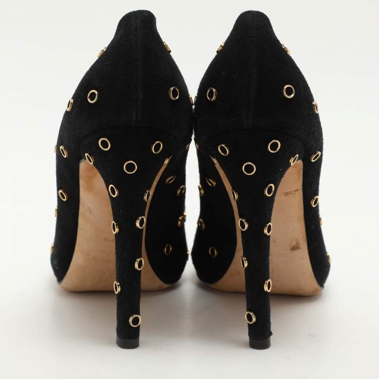 Pre Owned Giuseppe Zanotti Black Suede Embellished Peep Toe Pumps Size 37.5