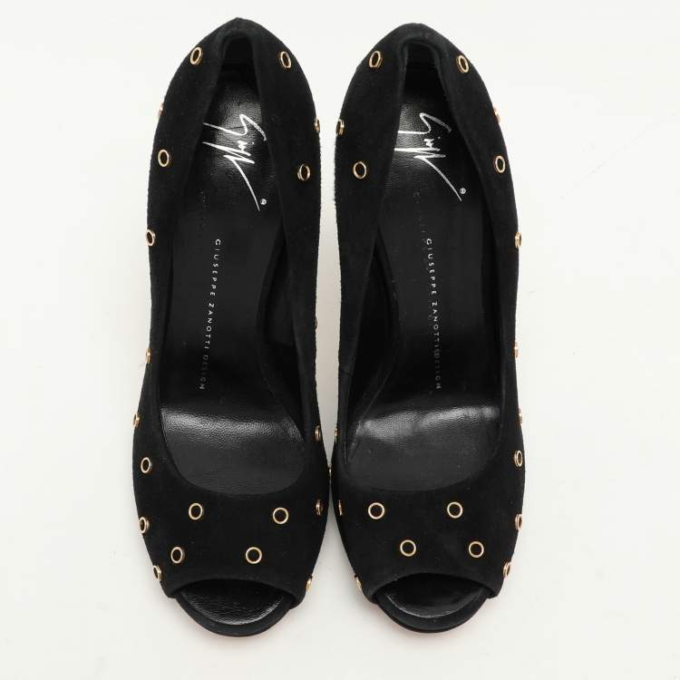 Pre Owned Giuseppe Zanotti Black Suede Embellished Peep Toe Pumps Size 37.5