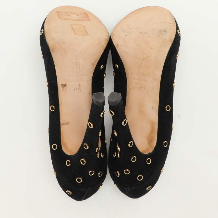 Pre Owned Giuseppe Zanotti Black Suede Embellished Peep Toe Pumps Size 37.5