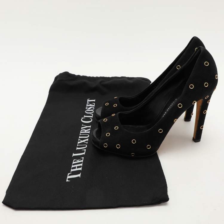 Pre Owned Giuseppe Zanotti Black Suede Embellished Peep Toe Pumps Size 37.5