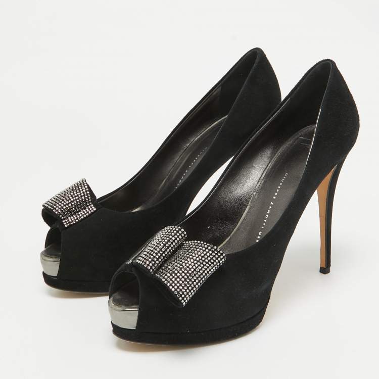 Pre Owned Giuseppe Zanotti Black Suede Crystal Embellished Bow Peep Toe Platform Pumps Size 41