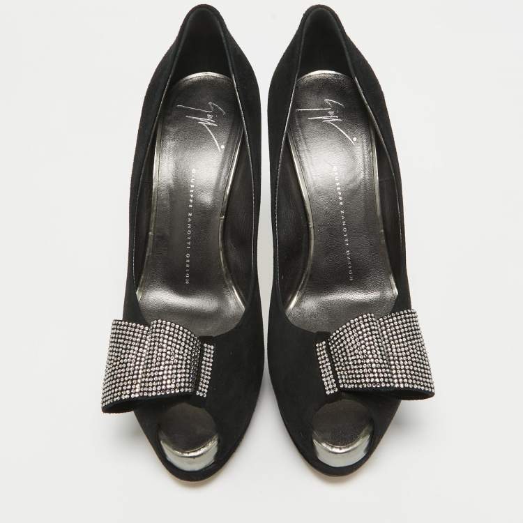Pre Owned Giuseppe Zanotti Black Suede Crystal Embellished Bow Peep Toe Platform Pumps Size 41