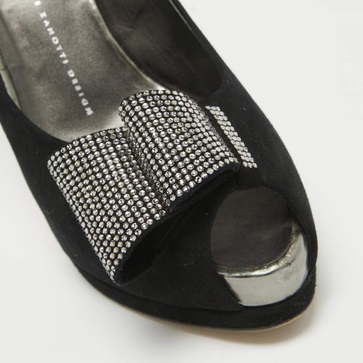 Pre Owned Giuseppe Zanotti Black Suede Crystal Embellished Bow Peep Toe Platform Pumps Size 41